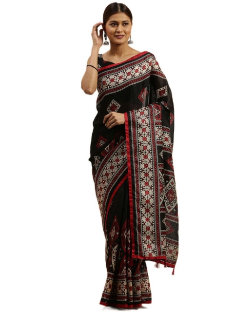 

KALINI Black & Red Printed Jute Silk Saree