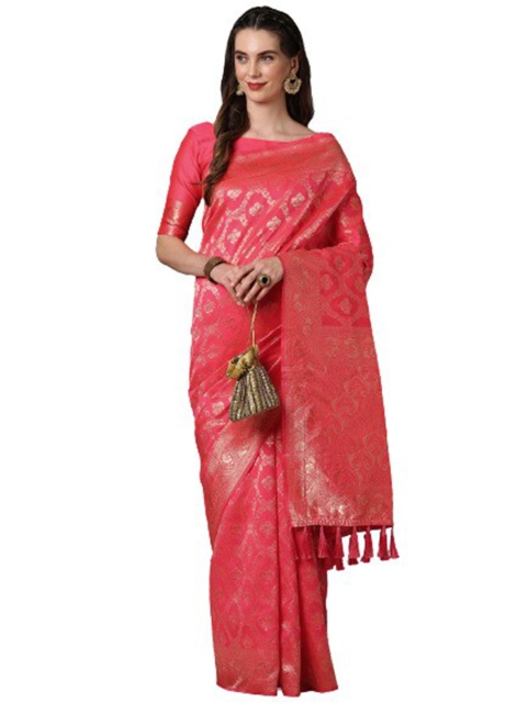 

KALINI Peach-Coloured & Gold-Toned Woven Design Zari Silk Blend Saree