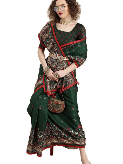 

KALINI Green & Red Floral Jute Silk Saree