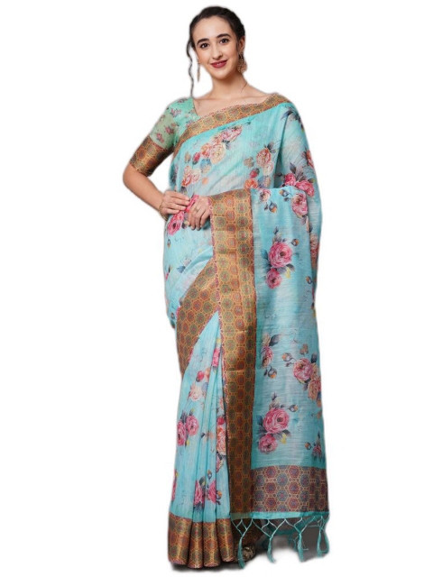 

KALINI Turquoise Vlue & Pink Floral Printed Linen Blend Saree, Turquoise blue