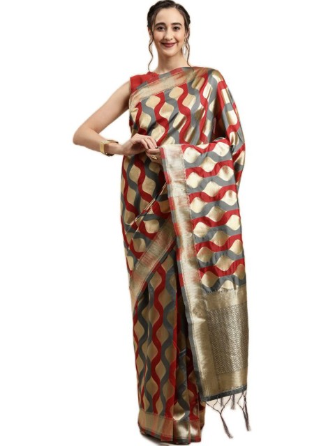 

KALINI Grey & Red Printed Silk Blend Saree