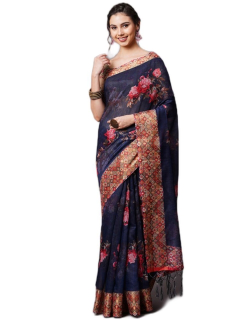 

KALINI Blue & Pink Floral Linen Blend Saree