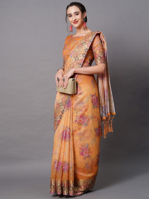 

KALINI Peach-Coloured & Pink Floral Linen Blend Saree