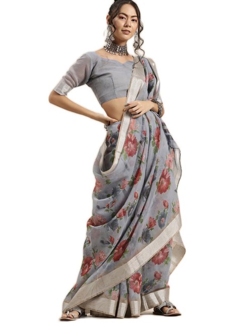 

KALINI Grey & Pink Floral Printed Zari Linen Blend Saree