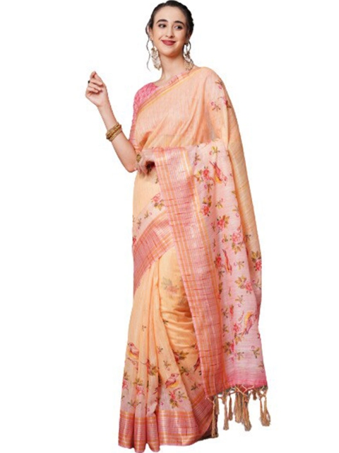 

KALINI Peach-Coloured & Pink Floral Printed Linen Blend Saree