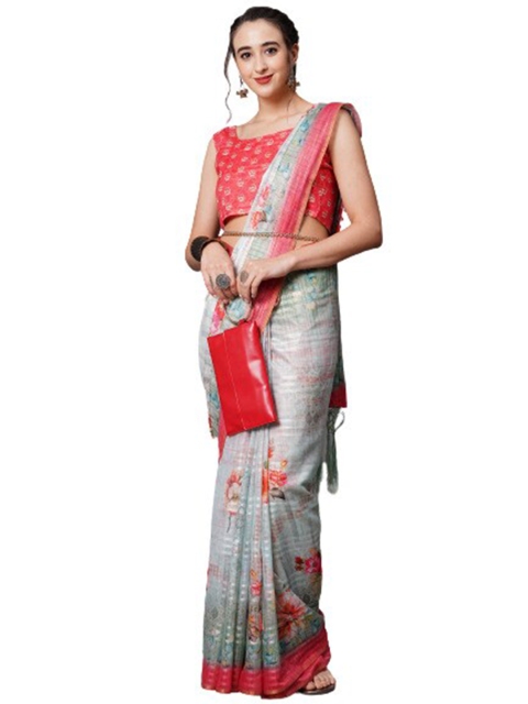 

KALINI Grey & Red Floral Printed Linen Blend Saree