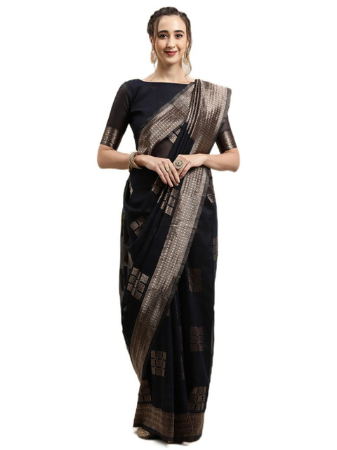 

KALINI Black & Gold-Toned Woven Design Zari Linen Blend Saree