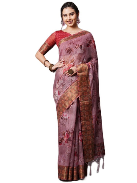 

KALINI Pink & White Floral Printed Linen Blend Saree