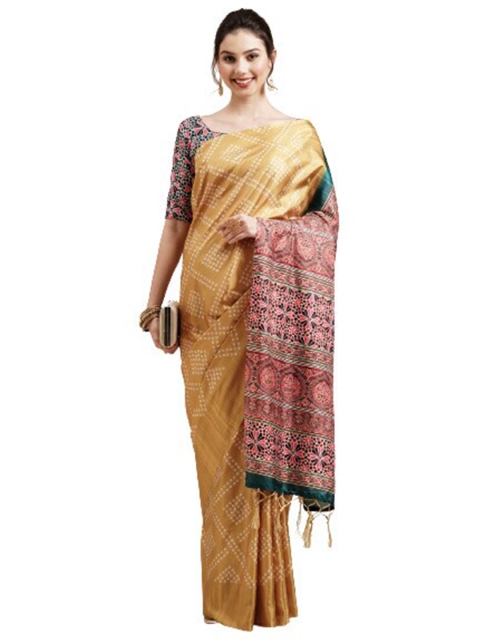 

KALINI Mustard & Pink Bandhani Silk Blend Saree