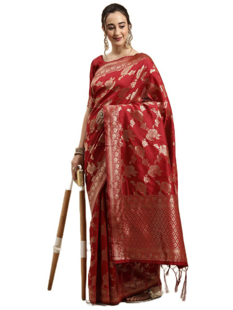 

KALINI Red & Gold-Toned Floral Zari Silk Blend Saree