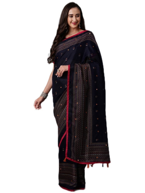 

KALINI Navy Blue & Red Ethnic Motifs Mirror Work Jute Silk Saree