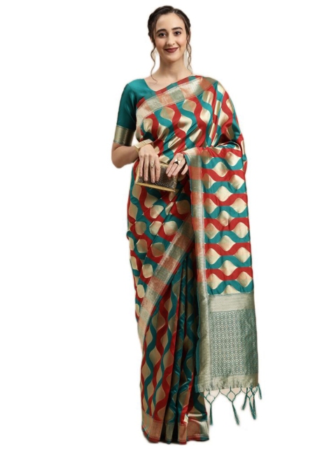 

KALINI Teal & Red Woven Design Zari Silk Blend Saree