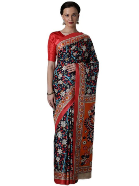 

KALINI Navy Blue & Red Floral Printed Art Silk Saree