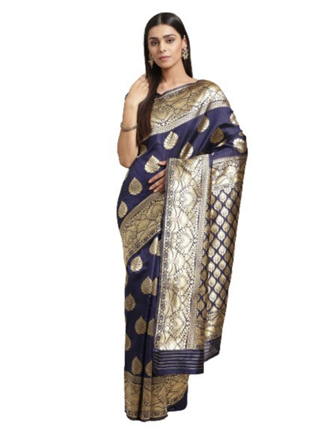 

KALINI Navy Blue & Gold-Toned Ethnic Motifs Linen Blend Saree