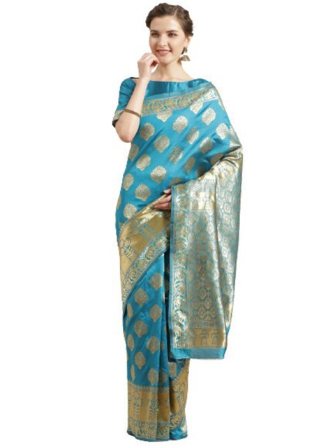 

KALINI Blue & Gold-Toned Woven Design Zari Linen Blend Saree