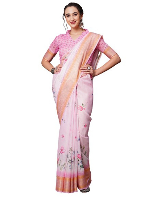 

KALINI Pink & Orange Floral Printed Linen Blend Saree