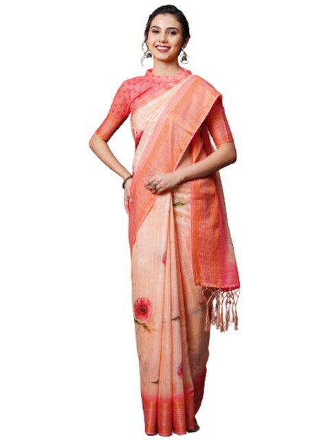 

KALINI Peach-Coloured & Pink Floral Linen Blend Saree