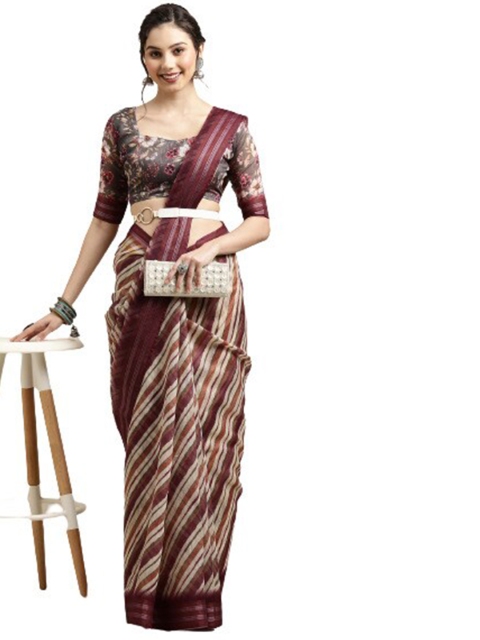 

KALINI Cream-Coloured & Maroon Striped Linen Blend Ready to Wear Saree