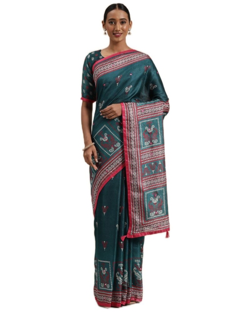 

KALINI Teal & Red Floral Jute Silk Saree