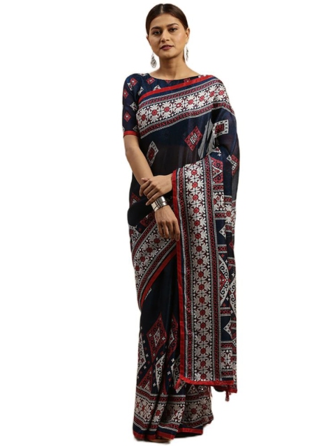 

KALINI Navy Blue & Pink Jute Silk Saree