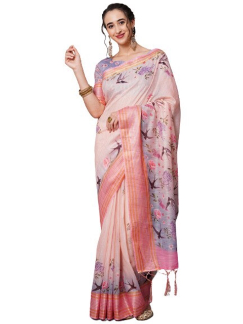 

KALINI Peach-Coloured & Purple Floral Printed Linen Blend Saree