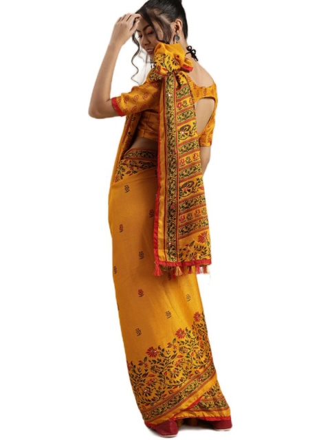 

KALINI Mustard & Red Floral Jute Silk Saree