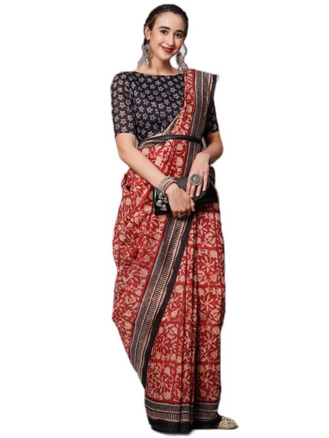 

KALINI Rust & Brown Floral Silk Blend Saree