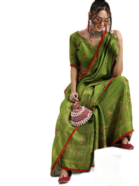 

KALINI Green & Red Ethnic Motif Printed Jute Silk Saree