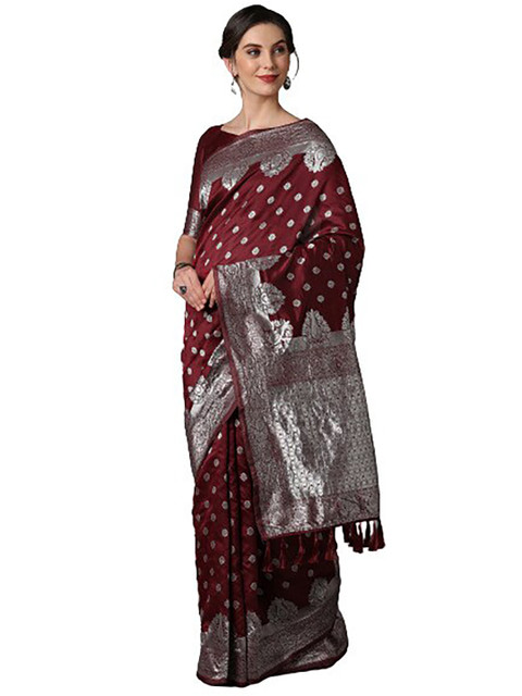 

KALINI Maroon & Silver-Toned Ethnic Motifs Silk Blend Saree