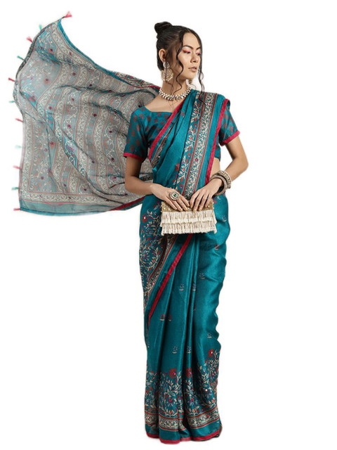 

KALINI Teal & Pink Floral Jute Silk Saree