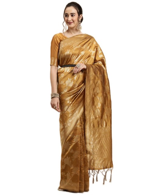 

KALINI Mustard Yellow Floral Zari Silk Blend Saree