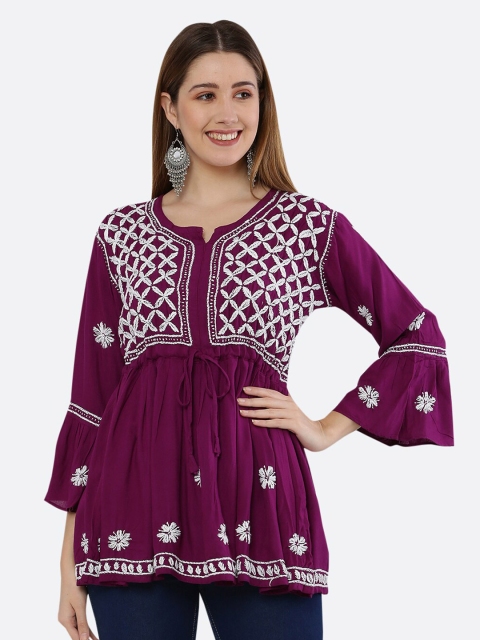 

FAWOMENT Women Violet & White Chikankari Embroidered Tunic