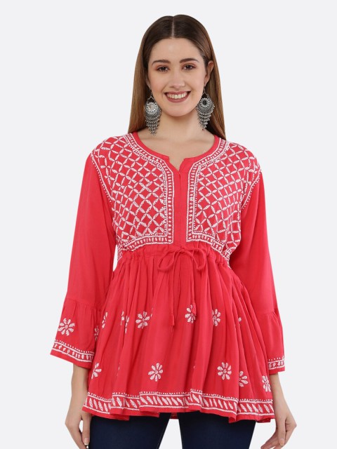 

FAWOMENT Red & White Floral Embroidered Linen Empire Top