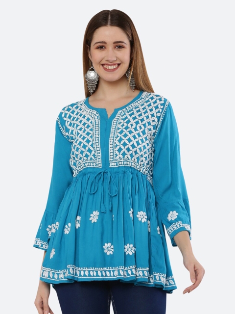 

FAWOMENT Blue & White Linen Chikankari Embroidered Tunic