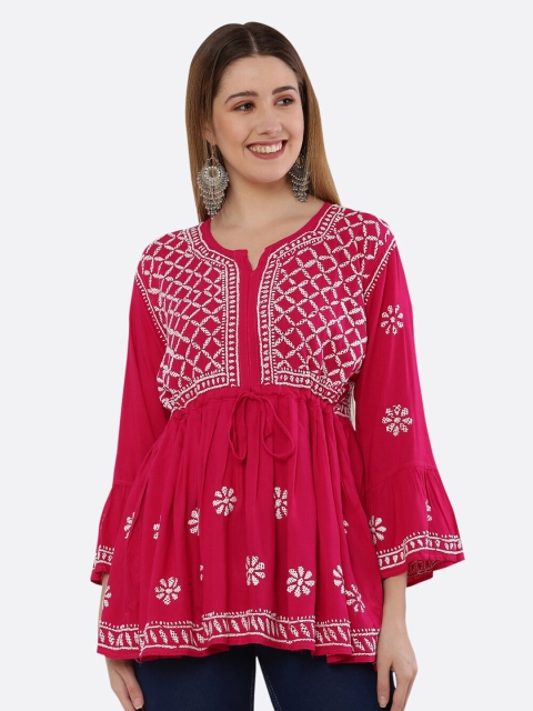 

FAWOMENT Women Pink & White Chikankari Embroidered Tunic