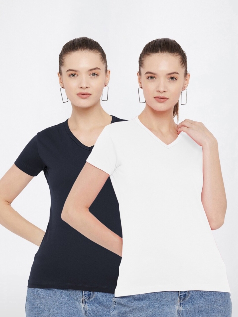 

FRENCH FLEXIOUS Women White & Navy Blue Set Of 2 V-Neck T-shirt