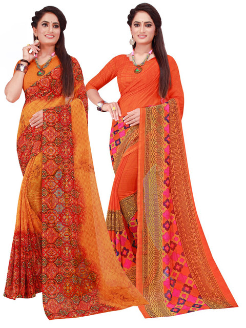 

Florence Set Of 2 Orange & Pink Floral Pure Georgette Saree