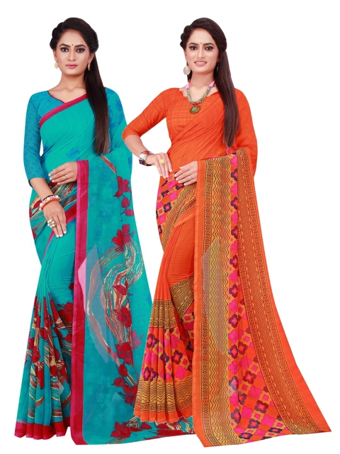 

Florence Set Of 2 Orange & Turquoise Blue Floral Pure Georgette Saree