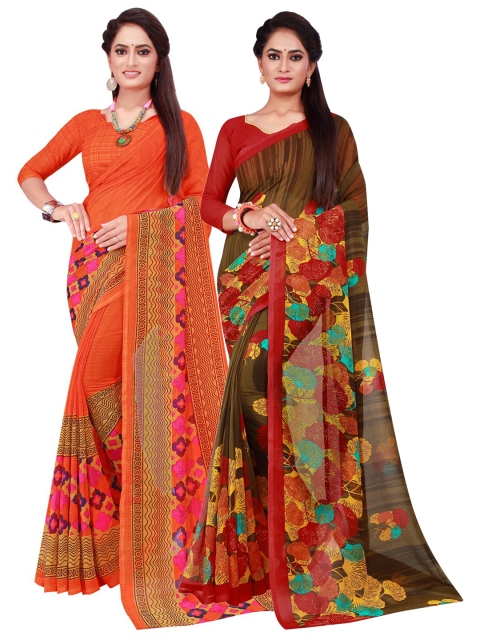 Florence Orange & Brown Printed Pure Georgette Saree Pack Of 2