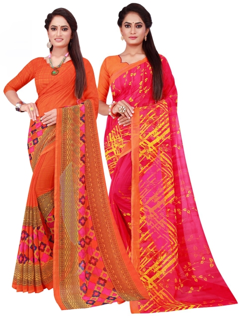 

Florence Orange & Pink Printed Pure Georgette Saree Pack Of 2