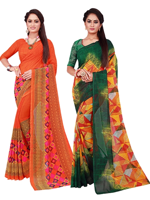 

Florence Pack of 2 Orange & Green Floral Pure Georgette Sarees