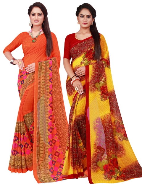 

Florence Set Of 2 Maroon & Orange Floral Pure Georgette Saree