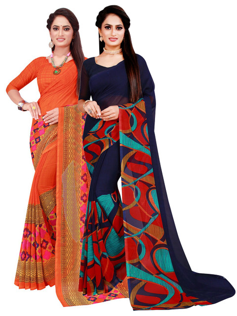 

Florence Navy Blue & Orange Printed Pure Georgette Saree Pack Of 2