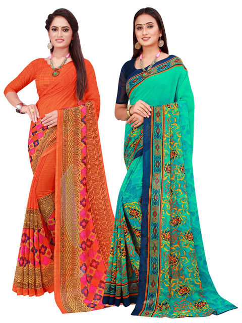 

Florence Pack of 2 Green & Orange Floral Printed Pure Georgette Saree