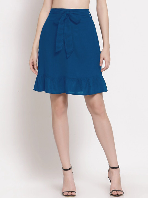 

PATRORNA Women Blue Solid Plus Size Frilled Hem Straight Skirt