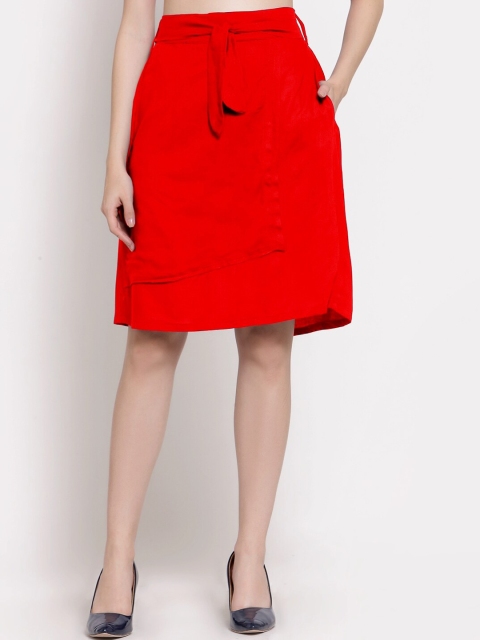 

PATRORNA Women Red Solid Plus Size Pleated Tiered Skirt