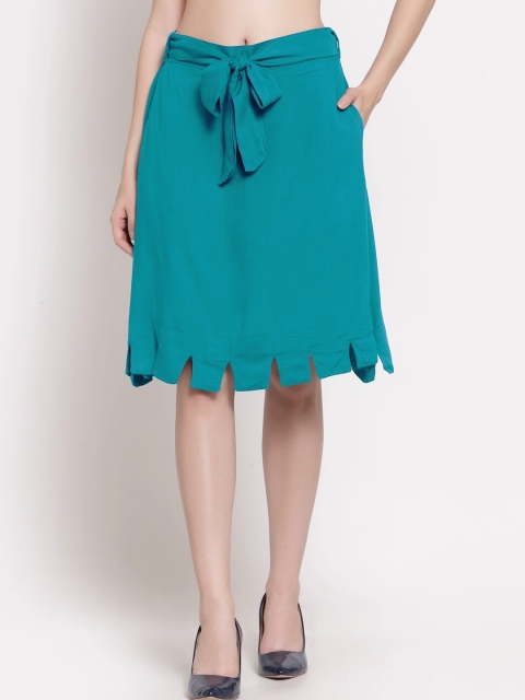 

PATRORNA Women Sea Green Solid Straight Kilt Skirts