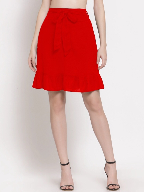 

PATRORNA Women Red Solid Frilled Hem Straight Knee Length Skirt