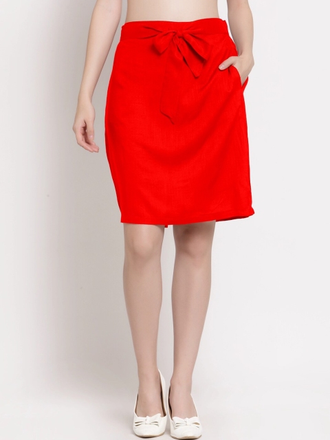 

PATRORNA Women Red Solid Plus Size Above Knee Length Pencil Skirt