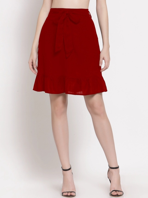 

PATRORNA Women Maroon Solid Plus Size Straight Knee Length Skirt